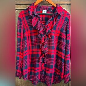 CAbi red buffalo plaid ruffled v-neck button down size Small